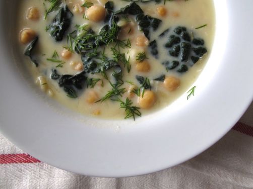 Avgolemono - Greek Egg Lemon Soup with Chickpeas and Kale