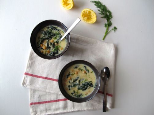 Avgolemono - Greek Egg Lemon Soup with Chickpeas and Kale