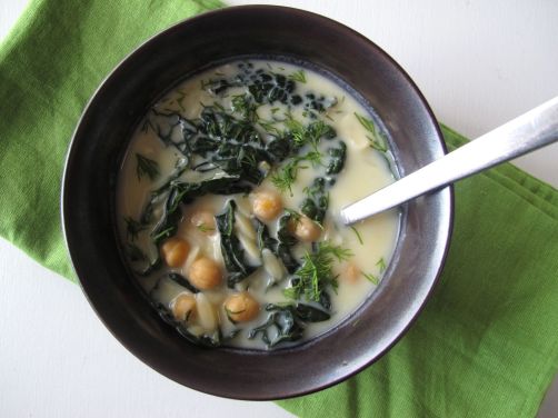 Avgolemono - Greek Egg Lemon Soup with Chickpeas and Kale