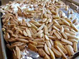 Lightly toasted almond slivers for Mole Chocolate Chip Cookies