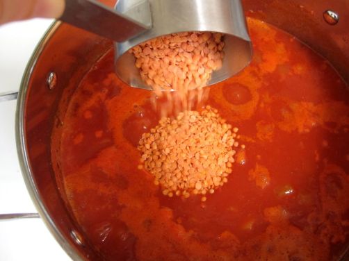 Adding Red Lentils to Spicy Tomato Soup