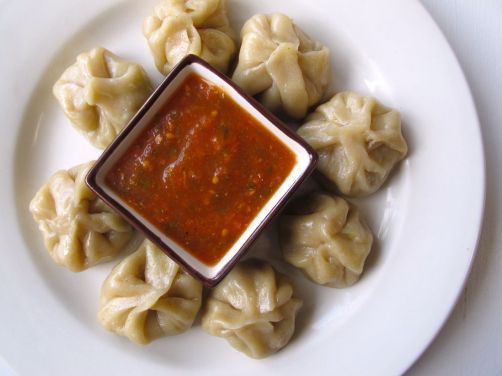 Nepali Momos (Steamed Dumplings) with Tomato Chutney
