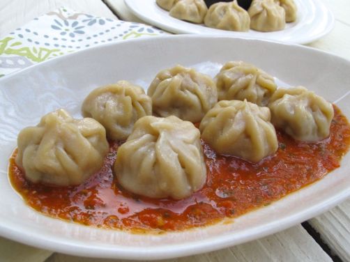Nepali Momos (Steamed Dumplings) with Tomato Chutney