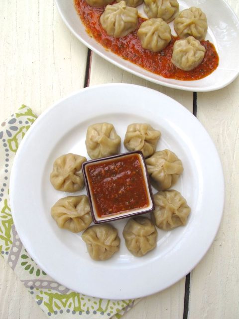 Nepali Momos (Steamed Dumplings) with Tomato Chutney