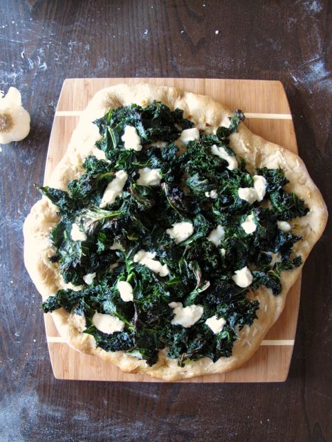 Garlicky Kale PIzza with Parmesan and Goat Cheese