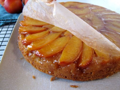 Stone Fruit Upside-Down Cake layer of Peaches & Cream Cake