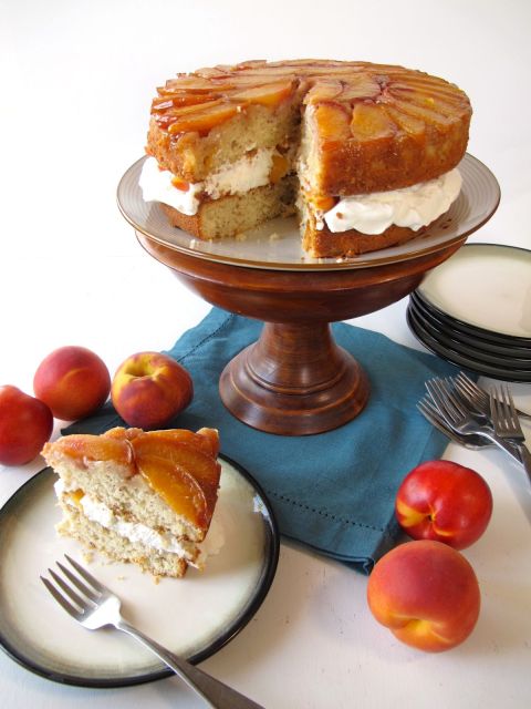 Peaches and Cream layered stone fruit upside-down cake