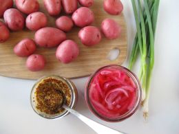 Ingredients for Whole-Grain Mustard Potato Salad with Quick-PIckled Red Onion