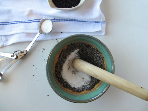 Making Black Sesame Goma-Ae in a Japanese suribachi