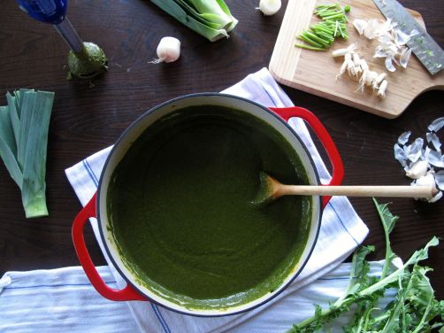 Garlicky Green Soup, made with spinach, kale, and herbs