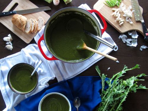 Garlicky Green Soup, made with spinach, kale, and herbs