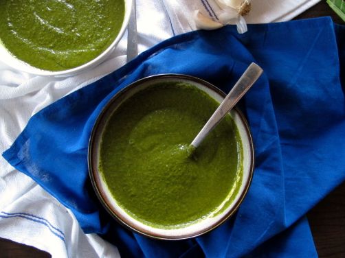 Garlicky Green Soup, made with spinach, kale, and herbs