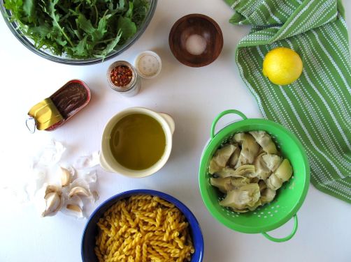 Ingredients for Garlicky Kale and Artichoke Pasta Ingredients for Garlicky Kale and Artichoke Pasta