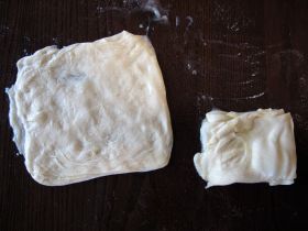 Square on the left flattened till doubled in size and ready for frying - Making Msemen