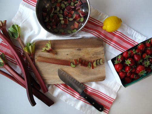 Slicing rhubarb for Strawberry Rhubarb Baked Oatmeal