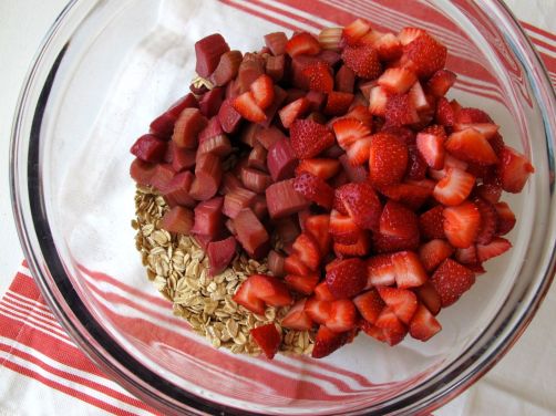 Making Strawberry Rhubarb Baked Oatmeal