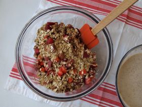 Making Strawberry Rhubarb Baked Oatmeal