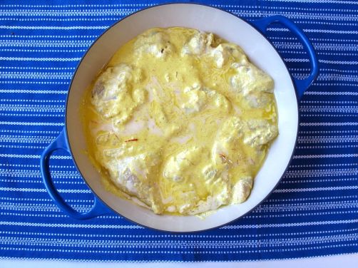 Making Nepali Spiced Almond Chicken with Saffron and Butter -- about to go in the oven