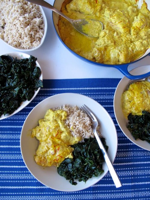 Nepali Spiced Almond Chicken (Masaledar Badami Kukhura) with Spiced Kale