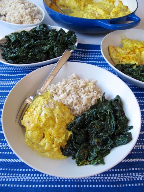 Nepali Spiced Almond Chicken (Masaledar Badami Kukhura) with Spiced Kale