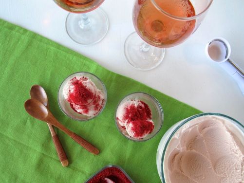Rose Wine and Pomegranate Frozen Yogurt with Pulverized Raspberry Dusting