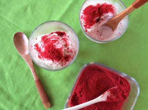 Rose Wine and Pomegranate Frozen Yogurt with Pulverized Raspberry Dusting