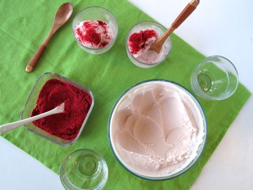 Rose Wine and Pomegranate Frozen Yogurt with Pulverized Raspberry Dusting